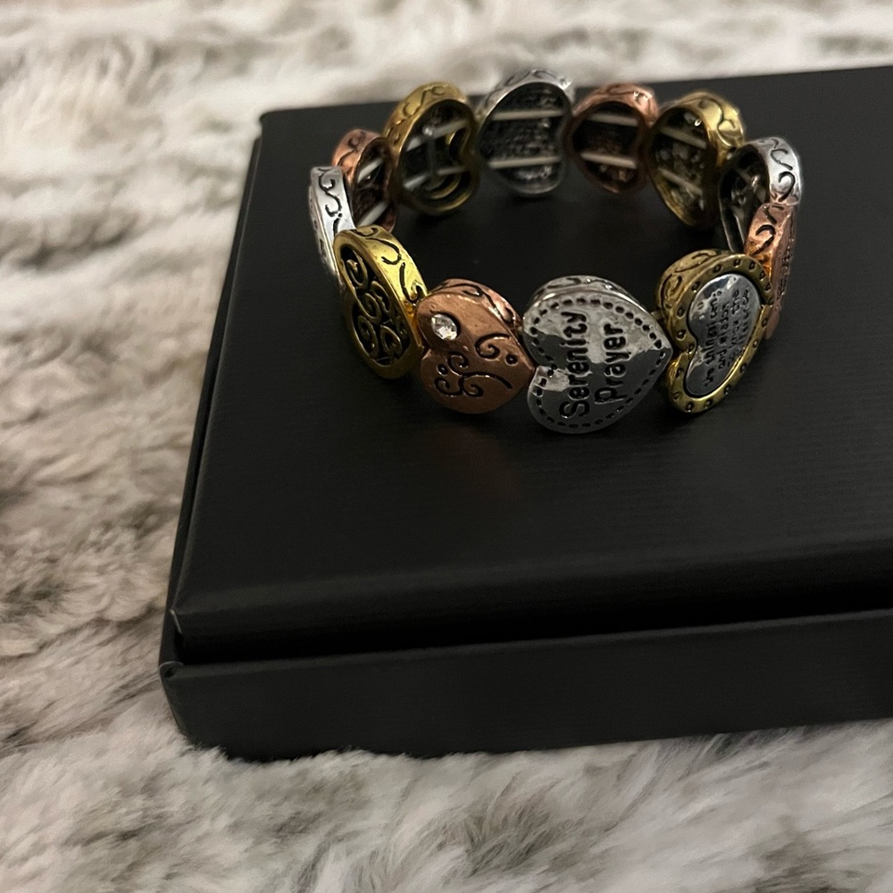 Serenity Prayer Gold, Silver and Bronze Toned Heart Stretch Bracelet